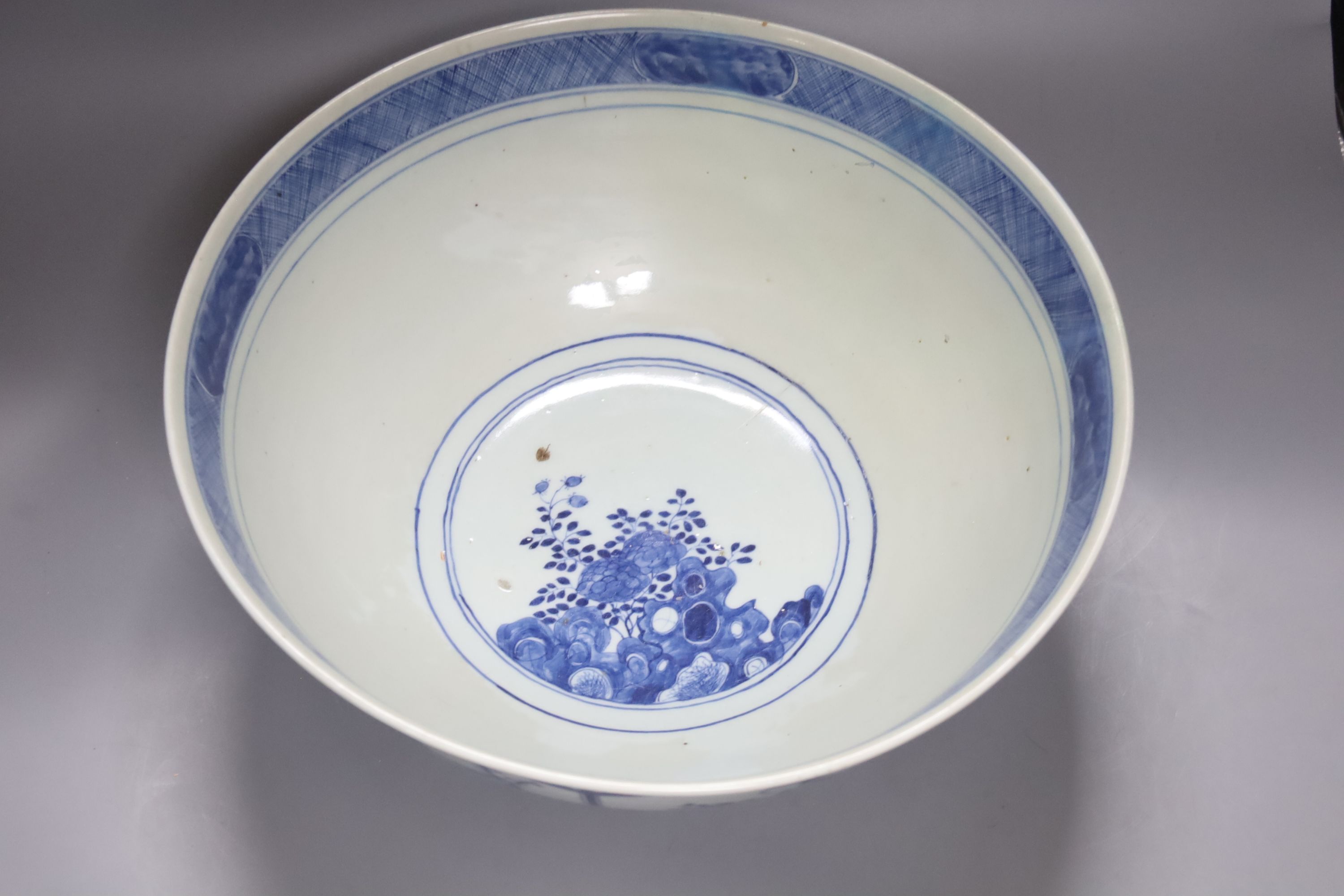 A 19th century Chinese blue and white punch bowl, diameter 36cm (restored)